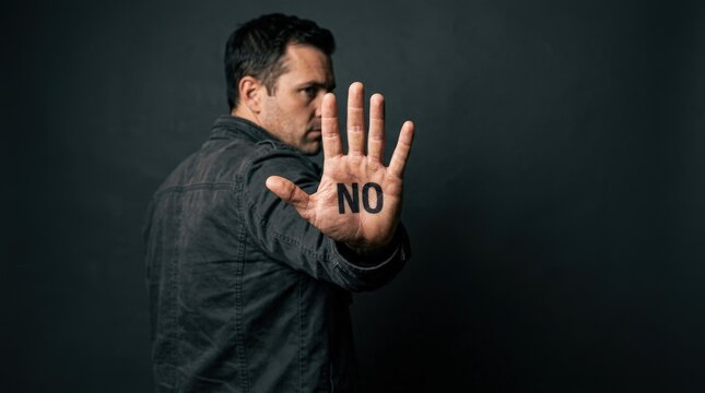 A man standing with his back partially visible, arm extended toward the camera, open palm facing outward with the word NO clearly printed in bold black ink across his palm, a clean neutral dark