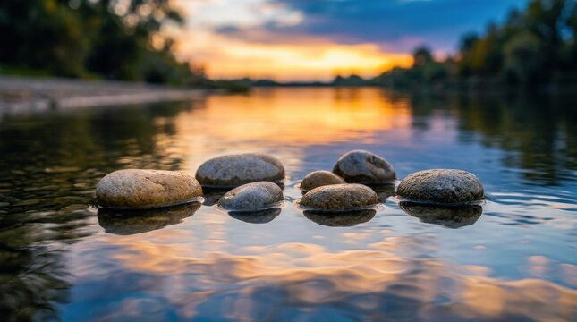 Several smooth grey and beige pebble stones placed gently on a calm reflective water surface, zen wellness concept with soft diffused sunset light creating warm amber and blue tonal reflections,