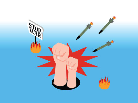 Anti-War Protest with Raised Fists, Missiles, and Stop War Sign 3d isometric vector illustration