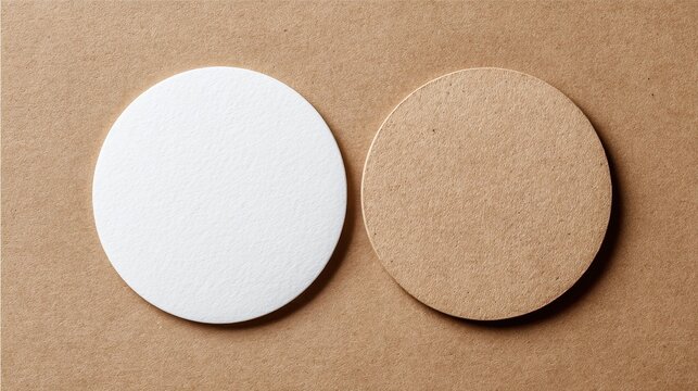Stunning photo of blank white circular paper coaster on brown textured craft paper background.