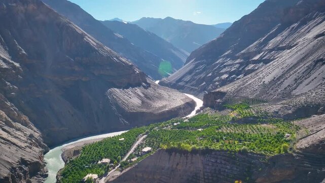 Cinematic aerial reveal Shot of Lush green high-altitude apple orchard farm on banks of spiti river in Himalayan cold desert, India