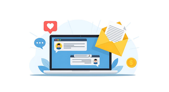 A laptop displays messages and emails on its screen with icons around.