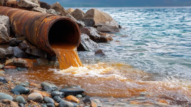 Stunning photo of industrial sewage pipe discharging dirty brown water into the ocean causing environmental pollution.