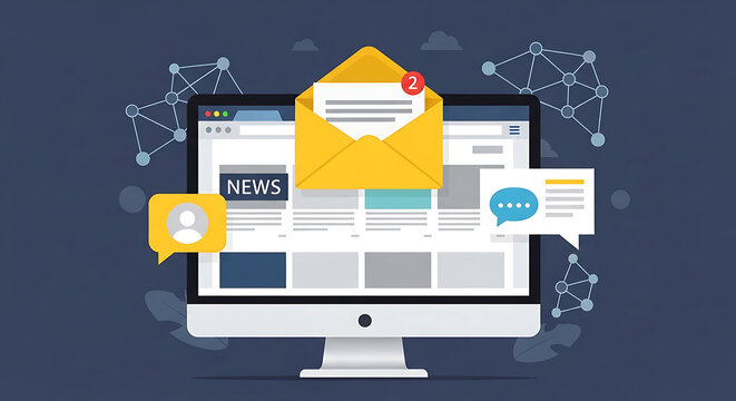 Computer monitor displays news website with notifications and email on screen