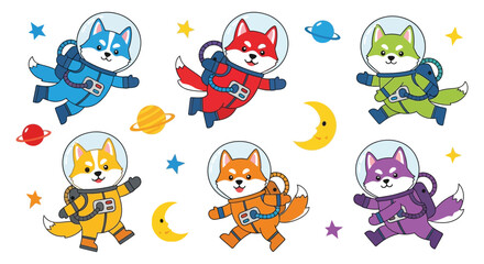 Three shiba inu dogs and three husky dogs float among planets and stars in space cartoon silhouette high quality professional detailed © GDOthoi02