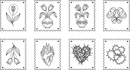 Stamp design vector illustration collection featuring tulips, floral motifs, hearts, thorns, and symbolic decorative art © Creative Stoker