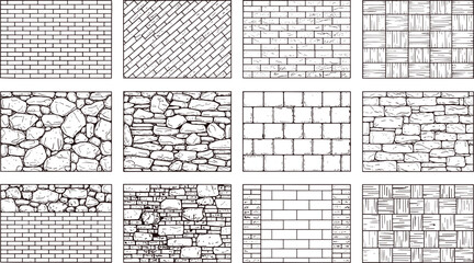 Fototapeta premium Wall texture pattern vector illustration collection featuring bricks, stones, bamboo, woven designs, and architectural surfaces