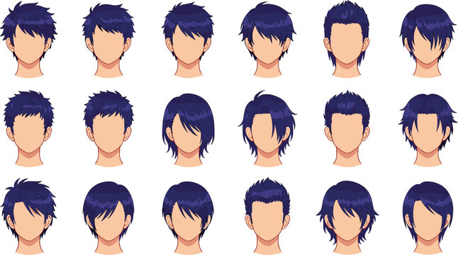 Vector illustration of stylized head designs with varied short and medium dark blue hairstyles in cartoon style