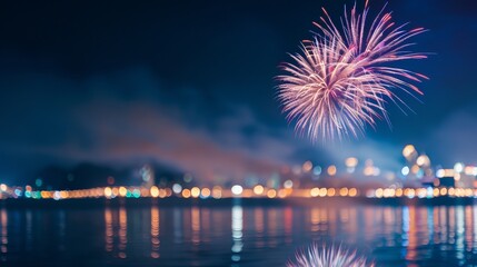 Fototapeta premium Fireworks light up the night sky above the city skyline. Bright colors burst and reflect off the water, while people gather to watch the display