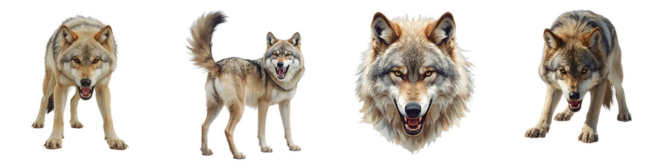 Fototapeta premium Four wolves show different poses and angles against a black background