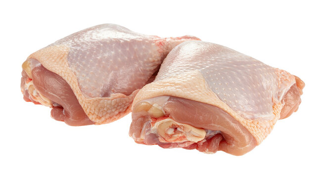 Two raw chicken thighs with skin on, isolated on a white background, view of poultry meat
