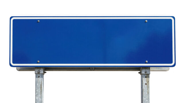 A blank rectangular blue road sign with a white border isolated on a completely black background ready for text
