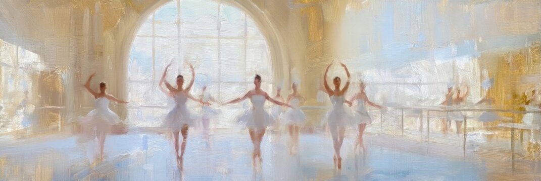 Impressionist oil painting of several ballet dancers in white tutus practicing in a bright, sunlit dance studio with large arched windows.