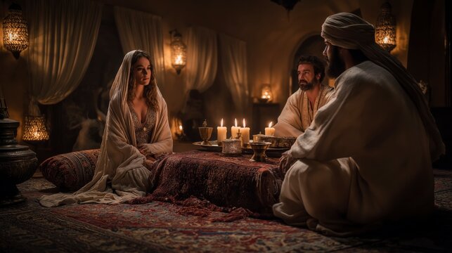 Esther sits beside the king as Haman reclines across the table, warm candlelight revealing tension, courage, and the turning of fate within a royal banquet.
