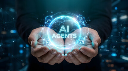 Fototapeta premium Ai agents concept with digital globe and icons held in hands