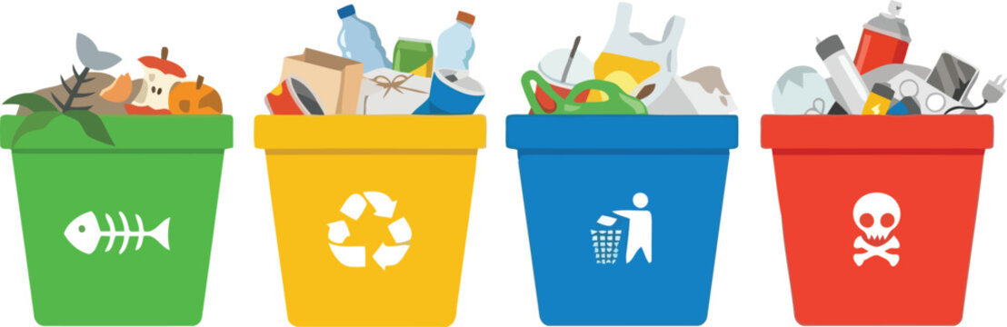 Colored bins for waste sorting with recycling vector illustration.