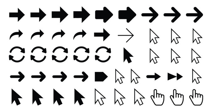 Collection of various computer mouse cursors and arrows on white background