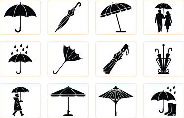 umbrella, silhouette, vector, set, rain, weather, icon, black, collection, protection, autumn, open, closed, design, isolated, accessory, sign, symbol, graphic, parasol © Md