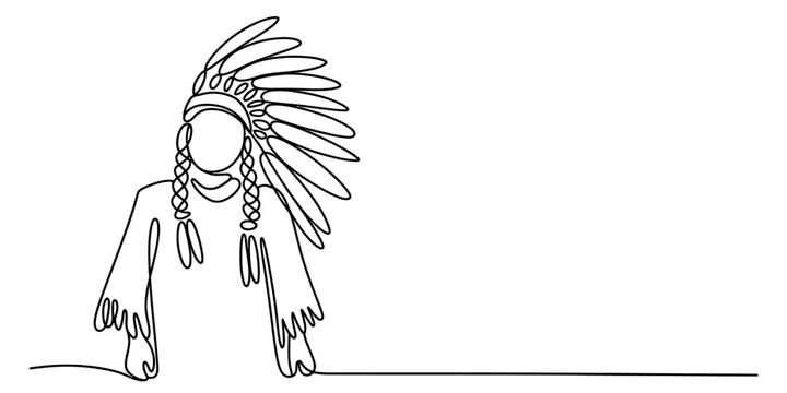 A single continuous line drawing of a native american person wearing a traditional feather bonnet Vector, illustration