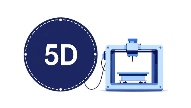 5D printing technology concept with 3D printer and logo