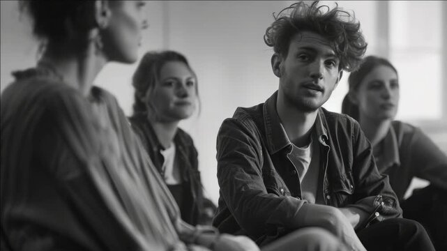 A young man participating in a group discussion with casual attire.