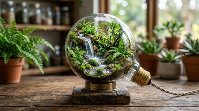 Terrarium Ecosystem in Light Bulb: A miniature, self-sustaining ecosystem encapsulated within a repurposed light bulb, featuring a cascading waterfall, thriving greenery.