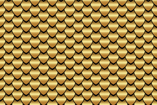 Seamless geometric pattern, snake fish, mermaid, dragon scales. Minimal abstract texture in gold color, animal vector background for your design, golden luxury metallic cover and wallpaper