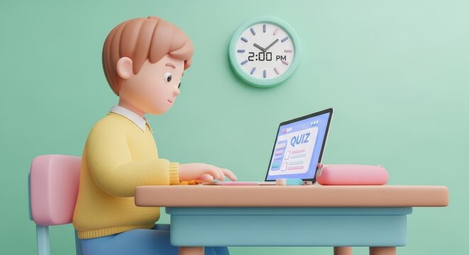 Boy taking online quiz on digital tablet at home. Student learning remotely during homeschooling lesson. Educational technology, academic assessment, children e-learning innovation concept.