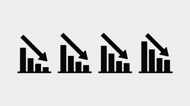 Several black bar charts showing a downward trend with a bold arrow pointing down to indicate financial loss and negative growth captured on white background
