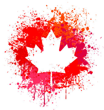 detailed grungy canadian maple leaf ink or paint splatter element vector isolated on transparent background