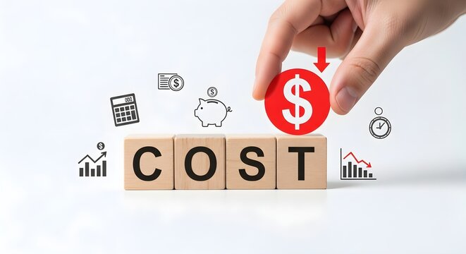 Hand placing red dollar coin on wooden blocks forming cost word, illustrating expense reduction and financial savings.
