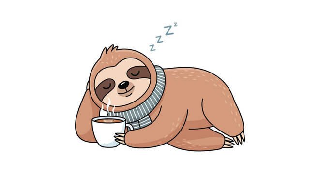 A charming illustration depicts a relaxed sloth enjoying a warm drink while peacefully sleeping silhouette high quality professional detailed modern elegant