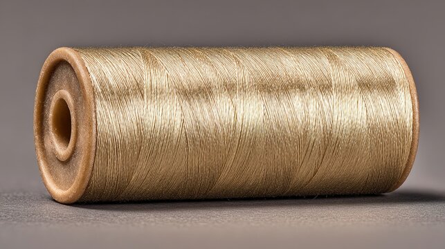 Golden Thread Spool, Coiled Core, Light Beige Yarn, Circular Shape, Textured Surface