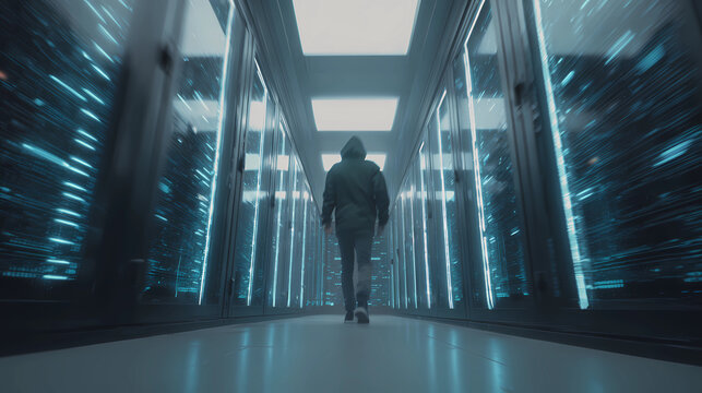 Futuristic data center with secure servers encased in glowing blue force fields, Generative AI illustrations.