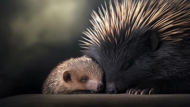 Sleeping hedgehog pair resting peacefully with spiky quills visible. Mother's Day, Mothering Sunday, Dia de la Madre - Global Maternal Celebration, Worldwide Family Holiday