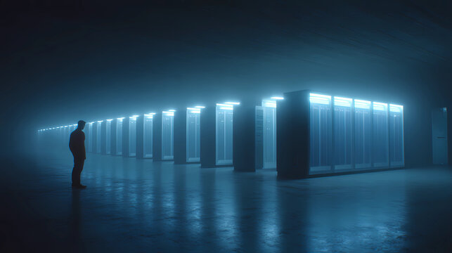 Futuristic data center with secure servers encased in glowing blue force fields, Generative AI illustrations.