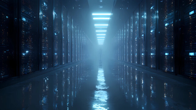 Futuristic data center with secure servers encased in glowing blue force fields, Generative AI illustrations.