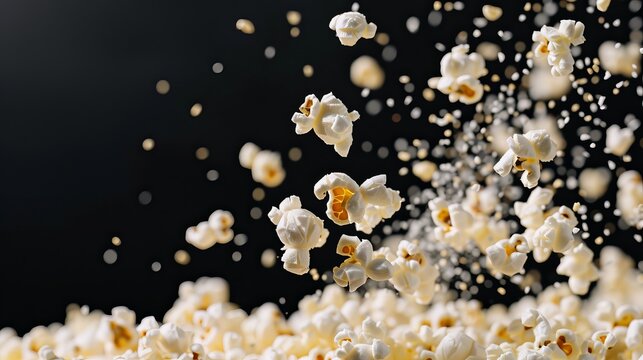 Popcorn kernels pop and burst in mid-air, capturing the moment of cooking with bits of popcorn flying against a dark background in a kitchen