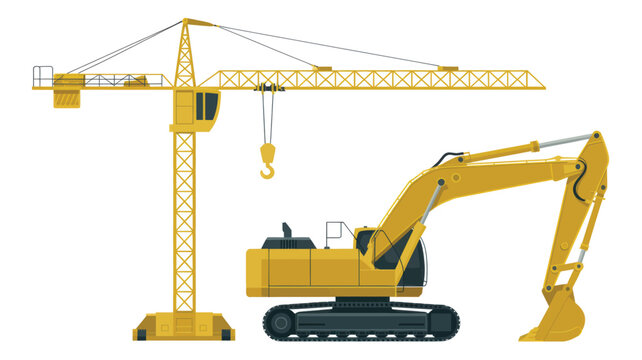 Professional yellow construction crane and powerful hydraulic excavator machinery presented in a flat vector style for industrial project planning isolated on clear bright on white background