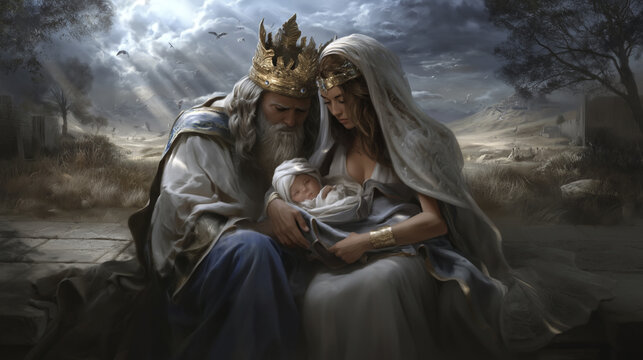 King David and Bathsheba joyfully embrace their newborn under a serene sky