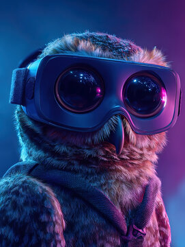 Close-up of a realistic owl with a virtual reality headset against a vibrant blue and pink gradient background, concept of technology and innovation.