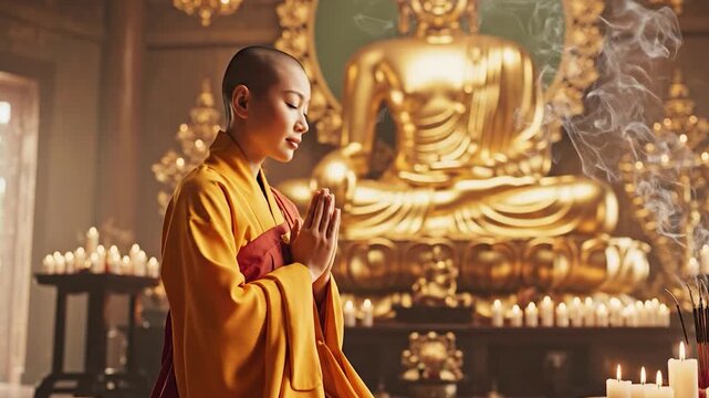 Buddhist monk praying in temple.