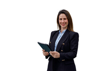 Fototapeta premium Professional businesswoman smiling, holding a digital tablet, representing technology, career, and communication