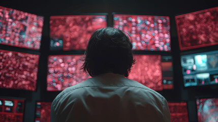 Obraz premium Cybersecurity expert monitoring a data breach and digital threats on large display screens, Generative AI illustrations.