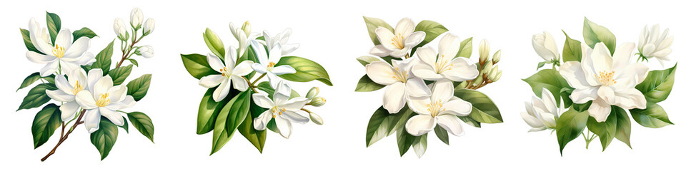 Obraz premium Elegant magnolia blossoms with leaves arranged in different clusters and compositions