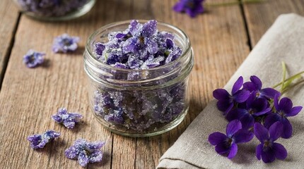 Glass jar of lavender sugar on rustic wooden table, scattered lavender buds and fresh purple flowers beside linen cloth, calm natural aromatherapy mood