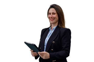 Fototapeta premium Businesswoman holding tablet, smiling confidently, working with digital technology, professional leadership portrait with transparent background