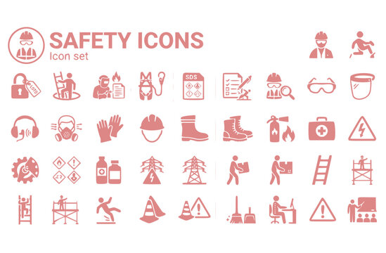 Workplace Safety Icon Set Lockout Tagout Confined Space Hot Work Permit Fall Arrest SDS Sheet Near Miss Report PPE Inspection Manufacturing Vector Illustration