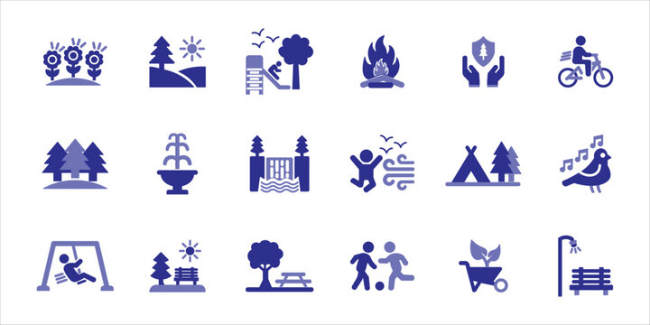 park icon set. forest, fountain, waterfall, lanscape, recreation and more. simple colored vector