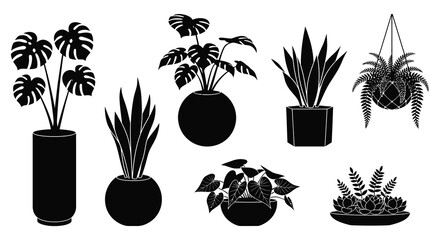A collection of potted houseplants depicted in a striking black silhouette showcasing diverse foliage and container styles high quality professional detailed © CreativeAlim02